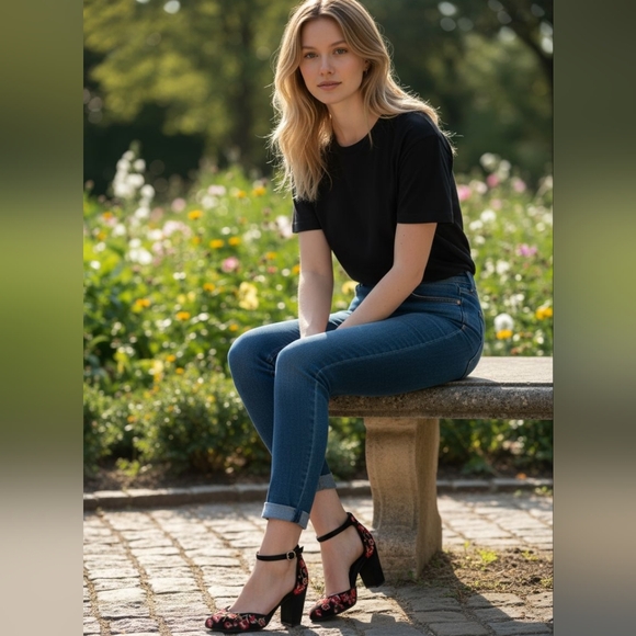 Whitte House- Black Floral Embroidered Women's Heels - Picture 2 of 8